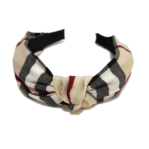 Handmade beige check headband - Picture 2 of 3